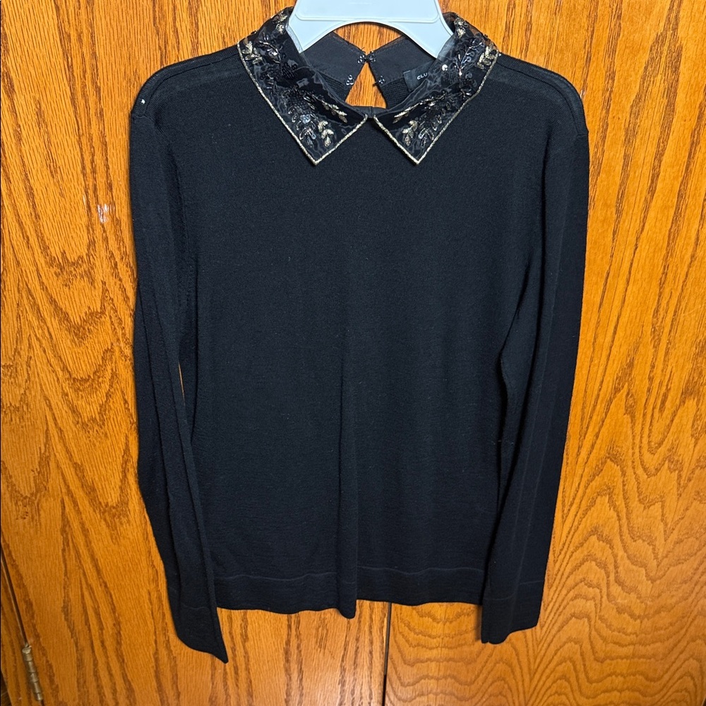 Black Long-Sleeve Sweater Top with Embellished Collar